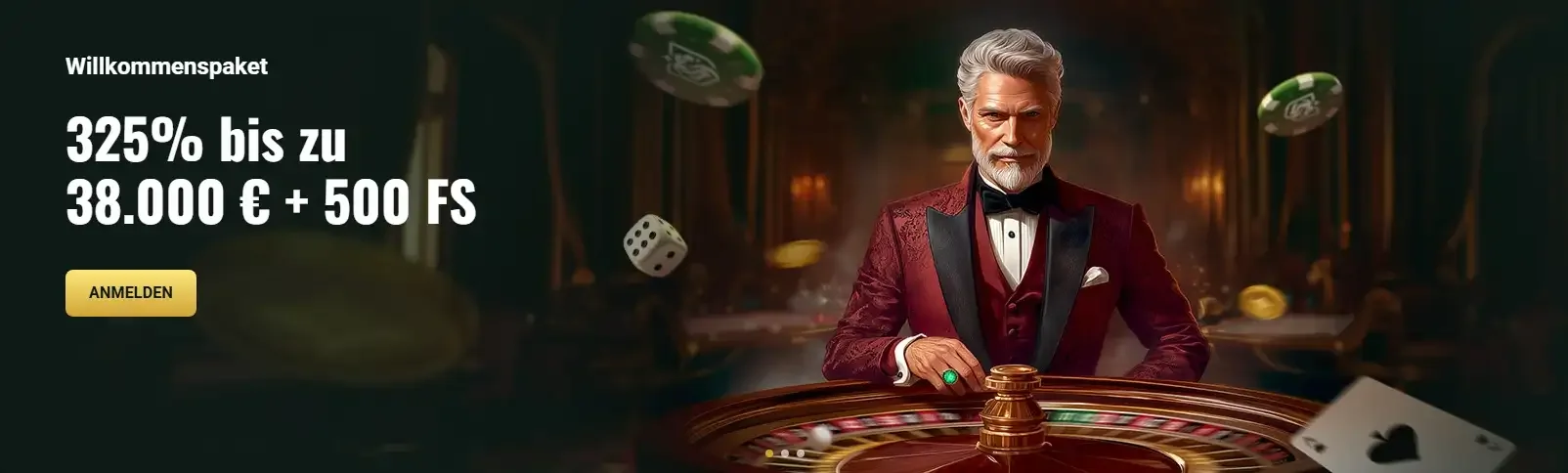 Goldenes Casino-Ambiente mit Spielautomaten und Karten im Hintergrund